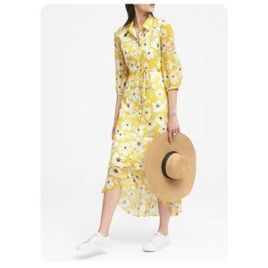 Banana Republic Yellow Floral 3/4 Sleeve Tie Waist Button Front Dress sz 6